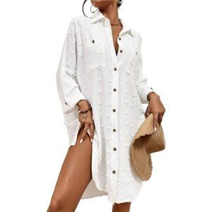 Women Swimsuit Coverup Blouse Button Down Shirt Dresses Swiss Dot Tops